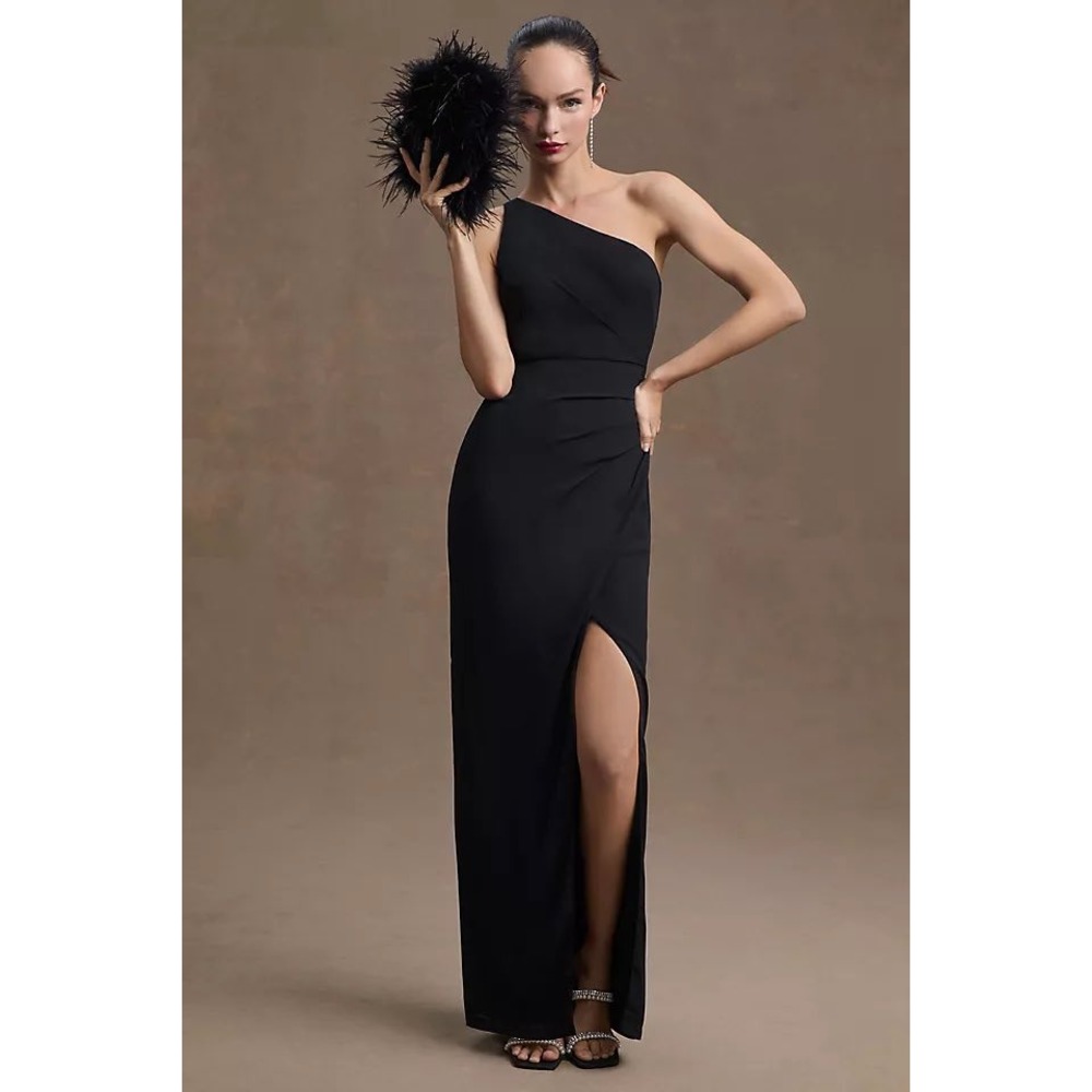 BHLDN Chloe Gown Women 4 Black Excellent One Shoulder Side Slit Georgette